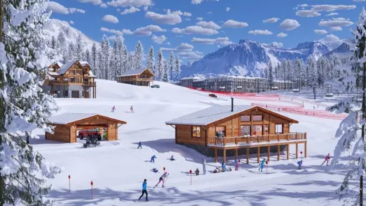 A 3D model of the Aspen, a Sierra log home with a deck, on a ski slope with a log garage beside it.