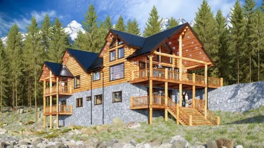 A 3D model of a three-storey Sierra log home on a stone base, decks stacked up its side and a stair to the ground, among pines.