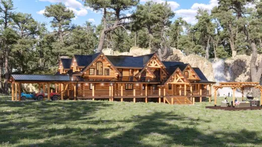 A 3D model of a long log lodge with timbered gables, a covered carport and a pergola, below a rock face and a waterfall.